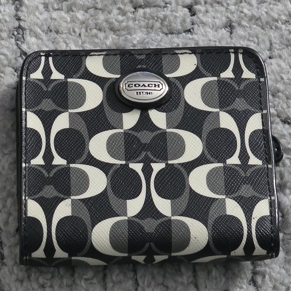 Coach Signature Black, Grey & White Wallet With Zipper Coin Pocket